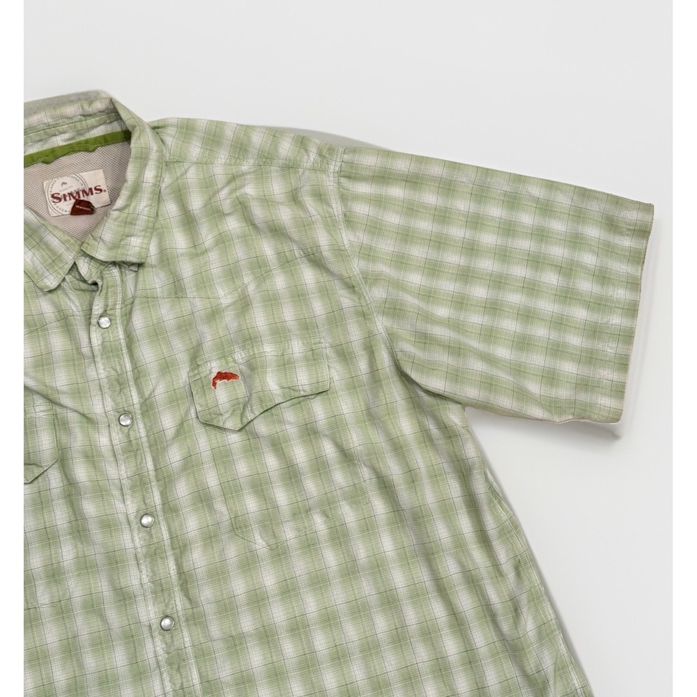 SIMMS Big Sky Fishing Pearl Snap Short Sleeve Shirt Mens XL Green Plaid Vented